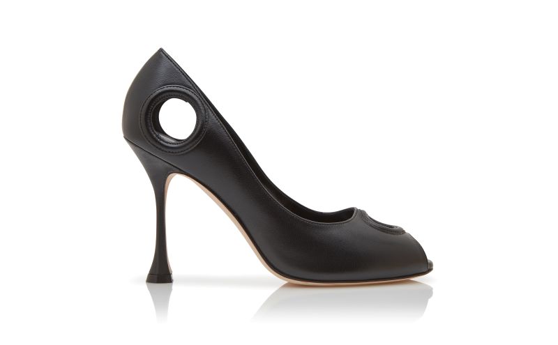 Side view of Orlonu, Black Nappa Leather Open Toe Pumps - €995.00