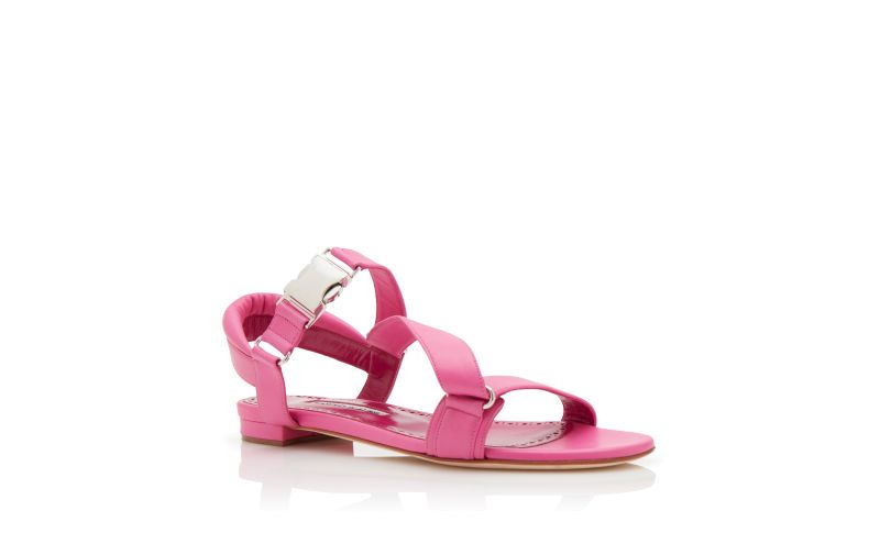 Designer Pink Nappa Leather Buckle Detail Flat Sandals 