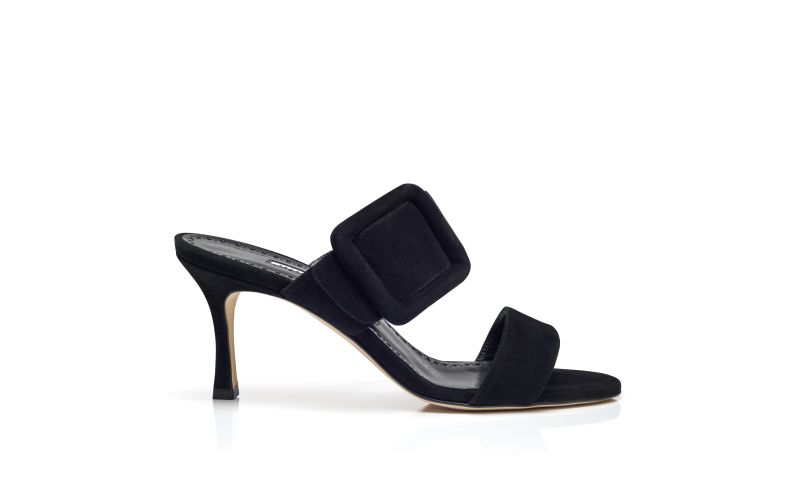 Side view of Gable, Black Suede Open Toe Mules - US$845.00