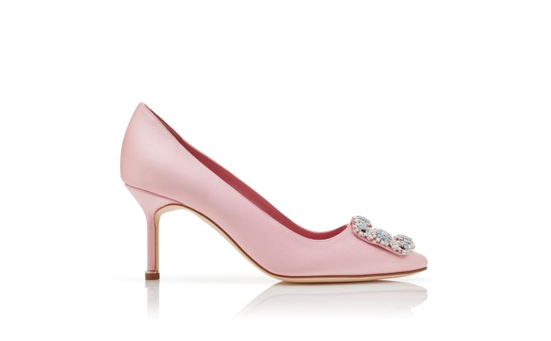 Side view of Hangisi 70, Light Pink Satin Jewel Buckle Pumps - US$1,225.00
