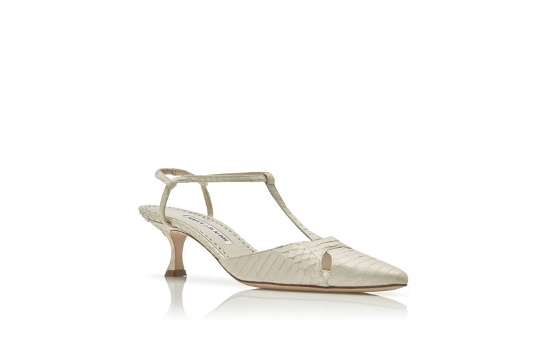 Turgimod, Cream Snakeskin T-Bar Pumps - US$975.00