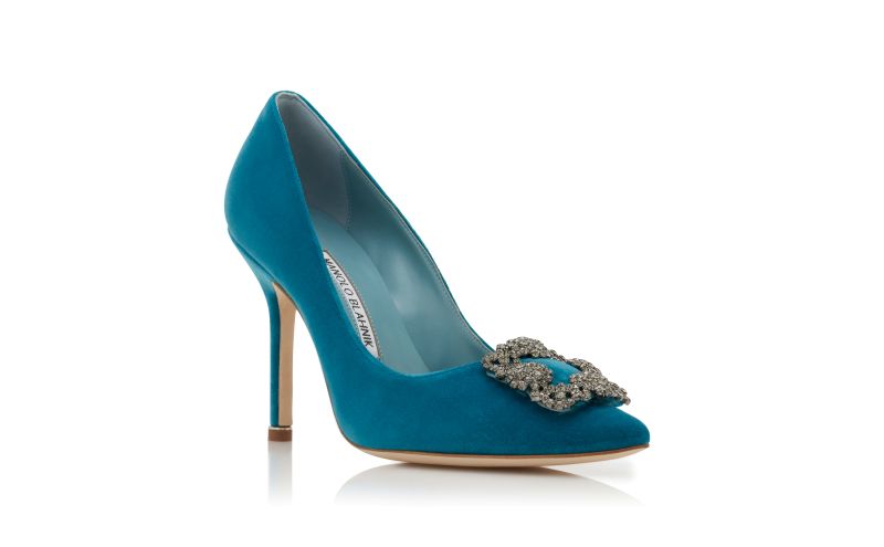 Designer Blue Velvet Jewel Buckle Pumps