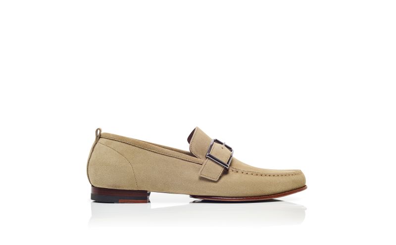 Side view of Lerici, Light Beige Suede Buckle Slippers - US$538.00