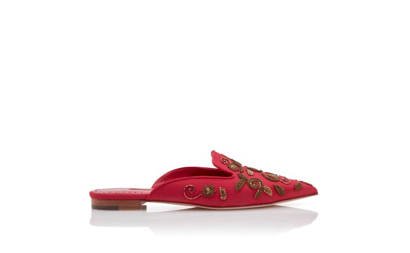 Side view of Designer Red and Gold Crepe De Chine Flat Mules