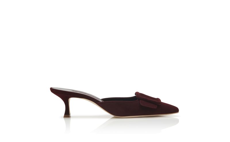 Side view of Maysale, Burgundy Suede Kitten Heel Mules - £595.00