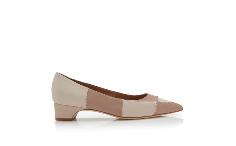 Side view of Malango, Beige and Cream Suede Patchwork Pumps - £675.00