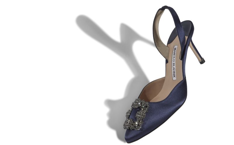 Hangisli, Navy Blue Satin Jewel Buckle Slingback Pumps - CA$1,555.00