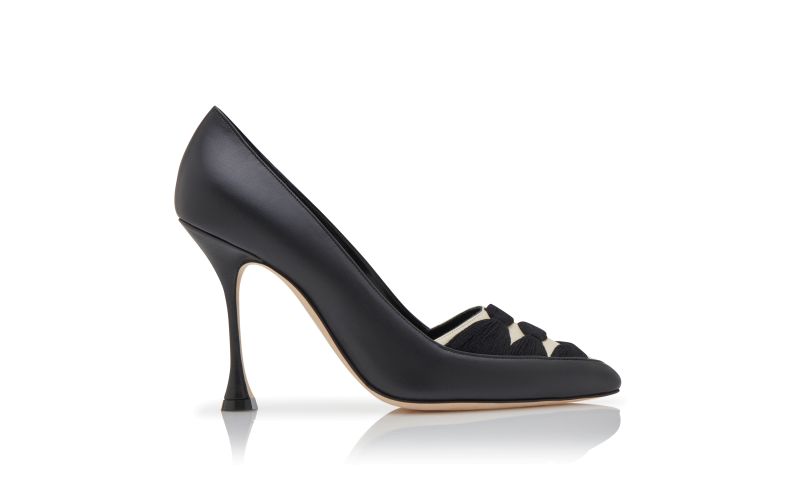 Side view of Sandrilahi, Black and Cream Nappa Leather Ruched Pumps - CA$1,225.00