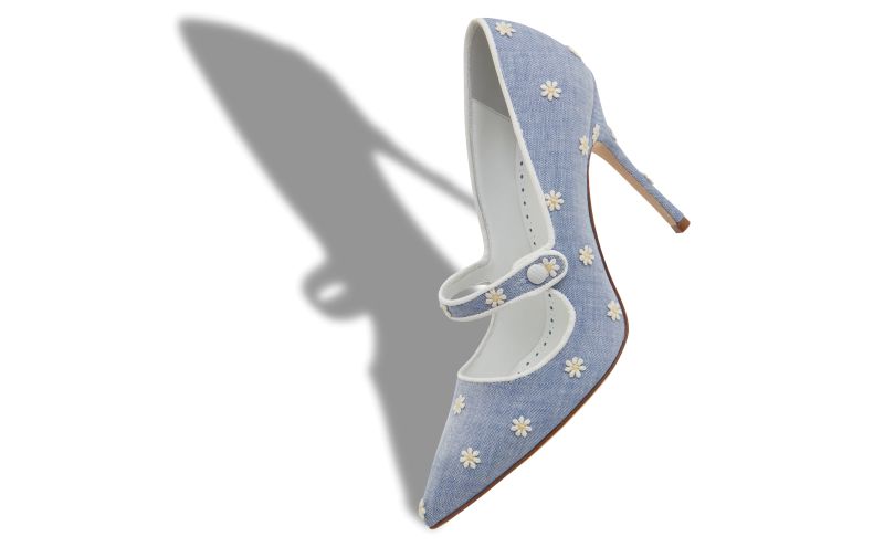 Camparinew, Blue and White Chambray Daisy Pumps - US$845.00