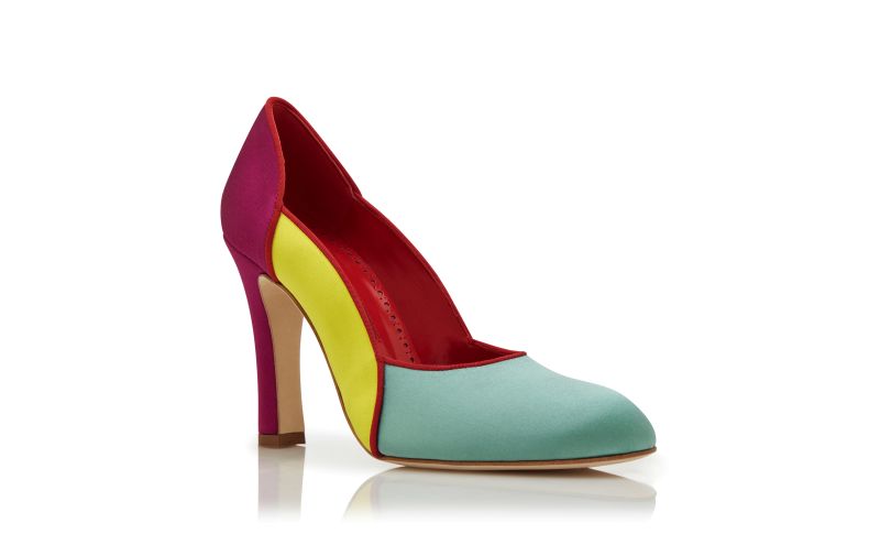 Designer Teal, Yellow and Pink Satin Scalloped Pumps