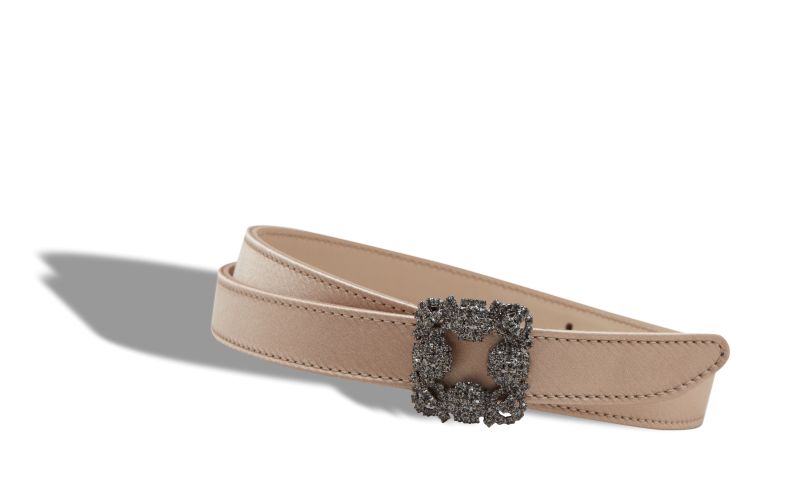 Hangisi belt mini, Light Beige Satin Crystal Buckled Belt - US$795.00