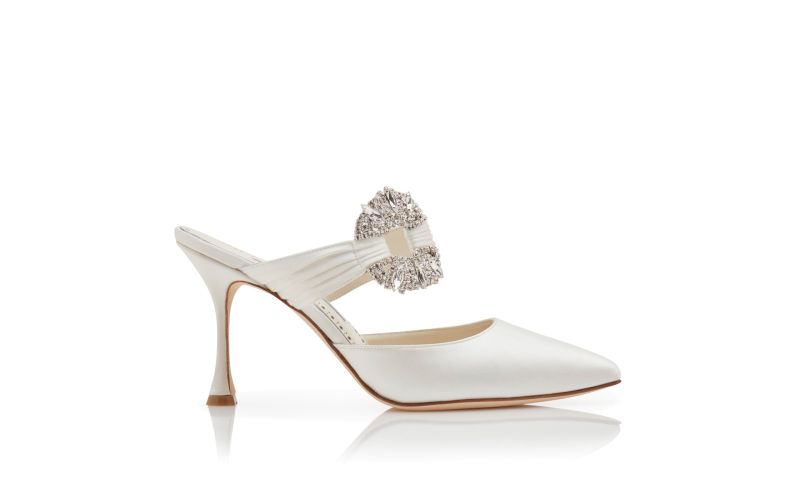 Side view of Maidugura, Cream Satin Embellished Buckle Mules - £995.00