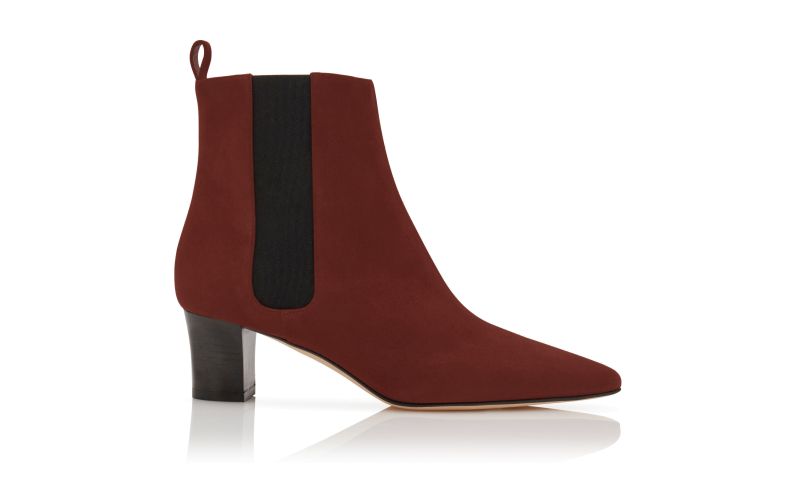 Side view of Designer Terracotta Red Suede Ankle Boots