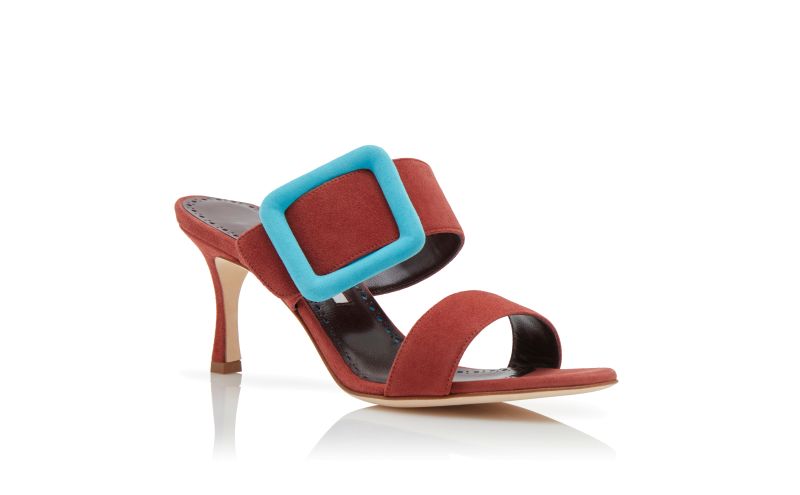 GABLE, Red and Light Blue Suede Buckle Mules, 675 GBP