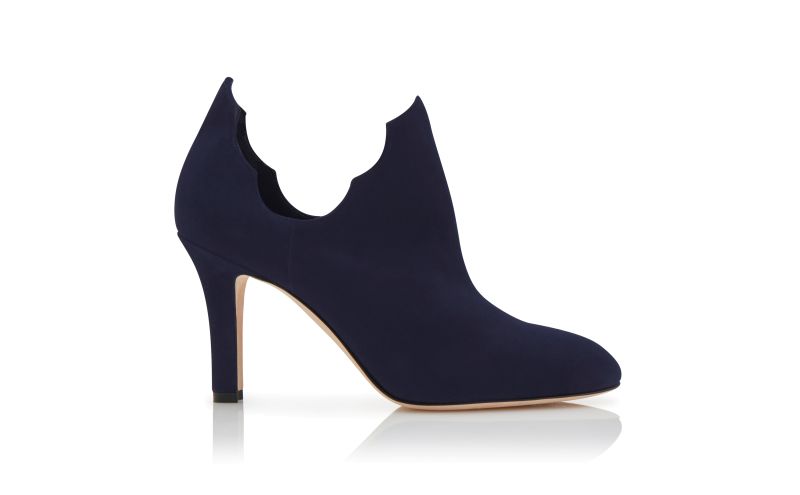 Side view of Designer Navy Blue Suede Serrated Ankle Boots