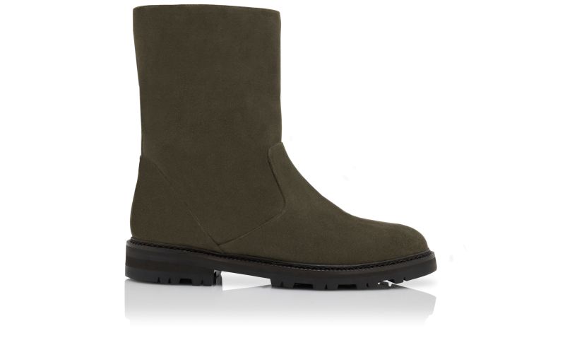 Side view of Designer Khaki Green Calf Suede Shearling Boots