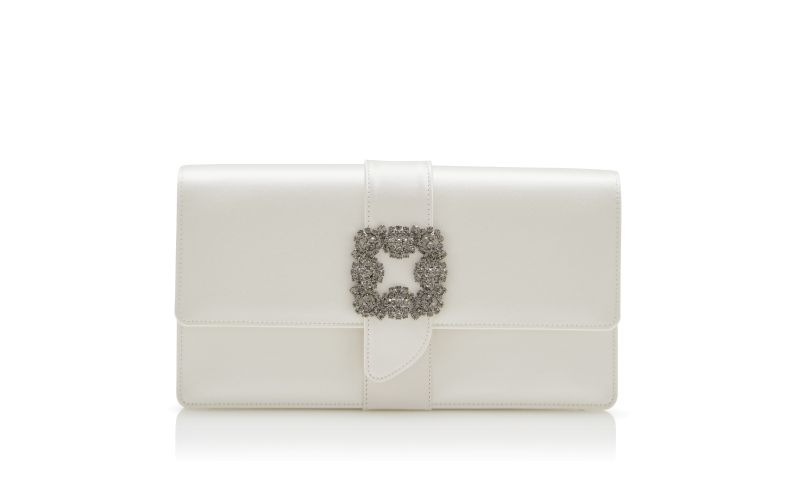 Side view of Capri, Off-White Satin Jewel Buckle Clutch - £1,325.00