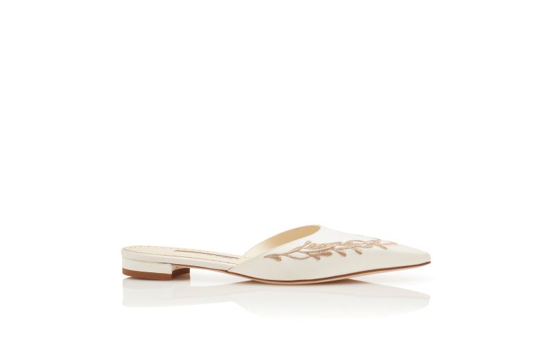 Side view of Fontaza, White and Gold Satin Flat Mules - US$1,045.00