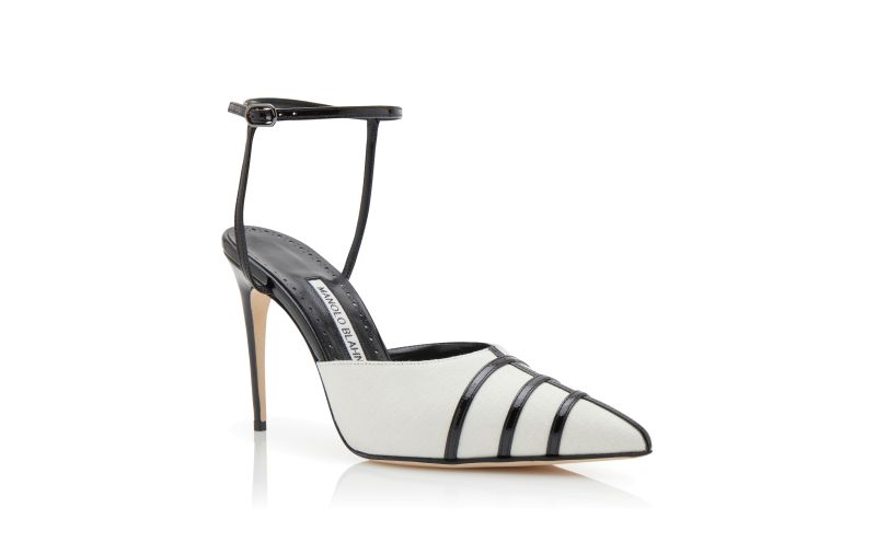 Designer Cream and Black Linen Ankle Strap Pumps 
