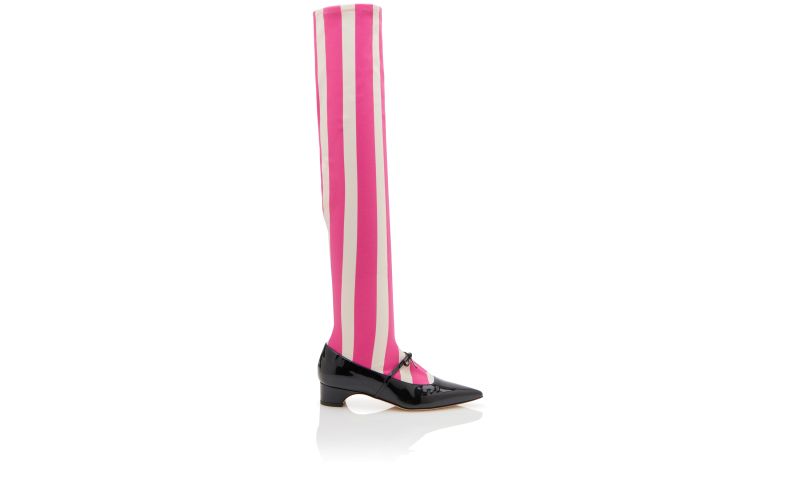 Side view of Apolon, Black, Pink and White Patent Striped Shoe Boots - CA$1,425.00