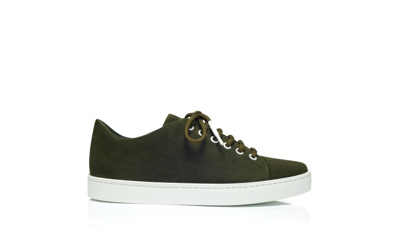 Side view of Semanada, Dark Green Suede Low Cut Sneakers - US$695.00