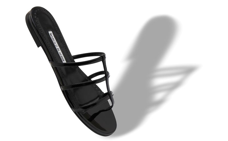 Designer Black Patent Leather Strappy Flat Sandals 