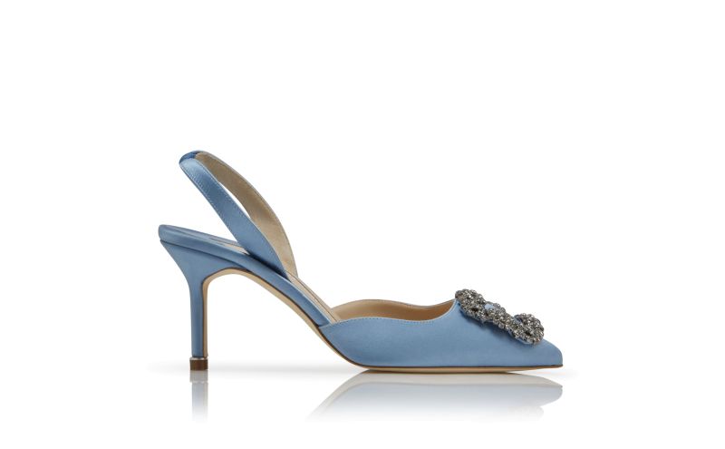 Side view of Hangisli, Light Blue Satin Jewel Buckle Slingback Pumps - CA$1,555.00