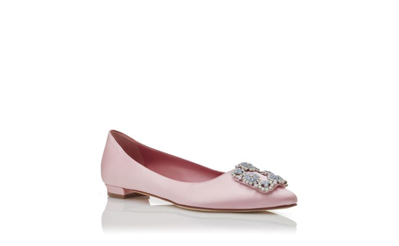 Hangisiflat, Light Pink Satin Jewel Buckle Flat Pumps - US$1,175.00