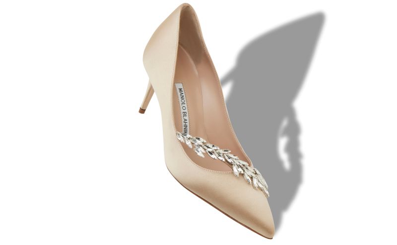 Nadira 70, Beige Satin Jewel Buckle Pumps - US$1,145.00 