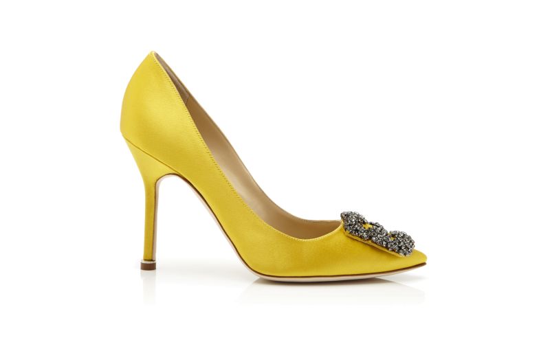 Side view of Hangisi, Yellow Satin Jewel Buckle Pumps - £945.00