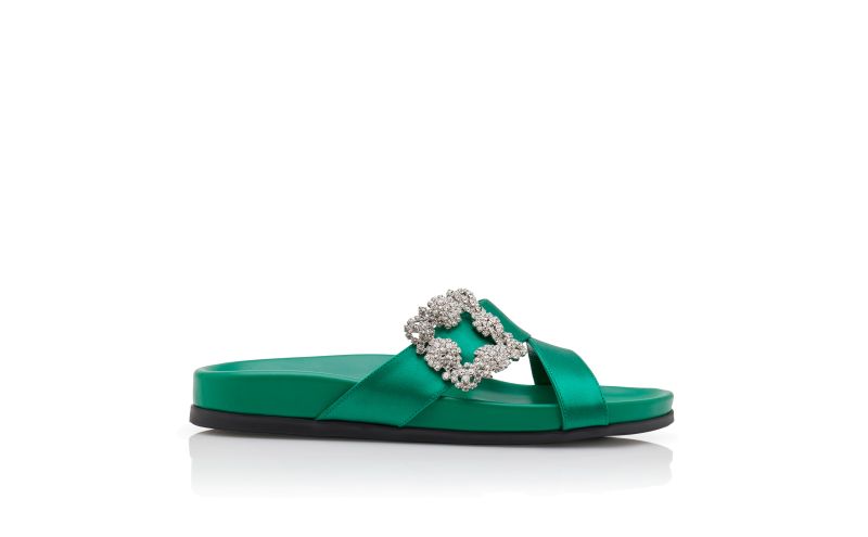 Side view of Chilanghi, Green Satin Jewel Buckle Flat Mules - £845.00