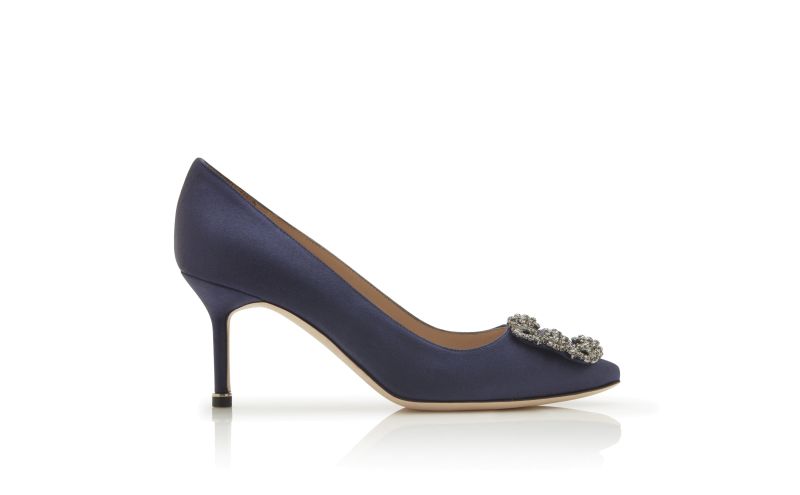 Side view of Hangisi 70, Navy Blue Satin Jewel Buckle Pumps - CA$1,555.00