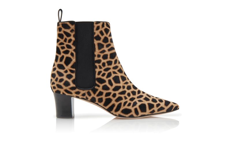 Side view of Designer Brown and Black Calf Hair Animal Print Boots