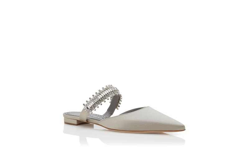 Lutaraflat, Light Grey Satin Crystal Embellished Flat Mules - £975.00