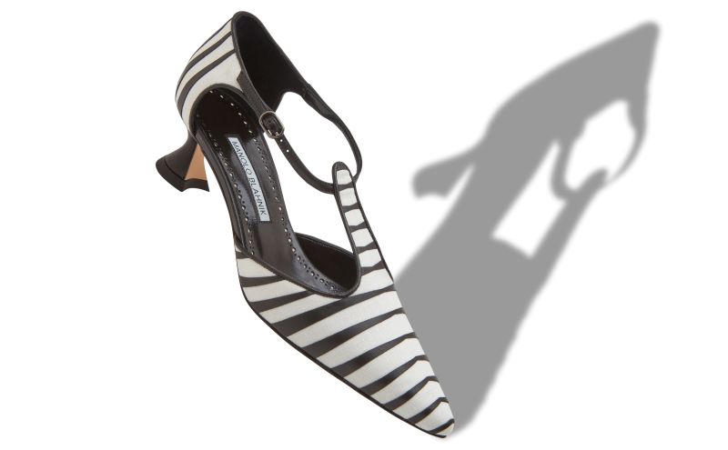 Alaria, White and Black Linen Striped T-Bar Pumps - £508.00 