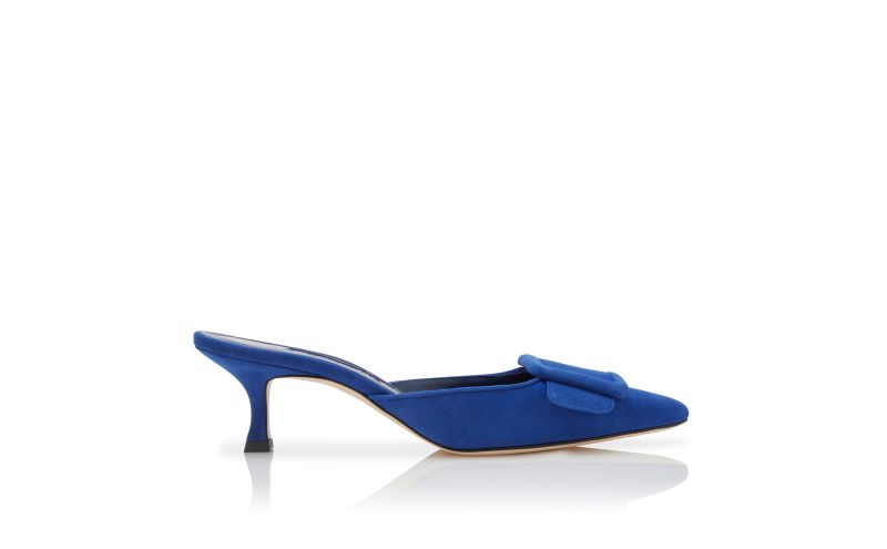Side view of Maysale , Blue Suede Buckle Detail Mules - £595.00