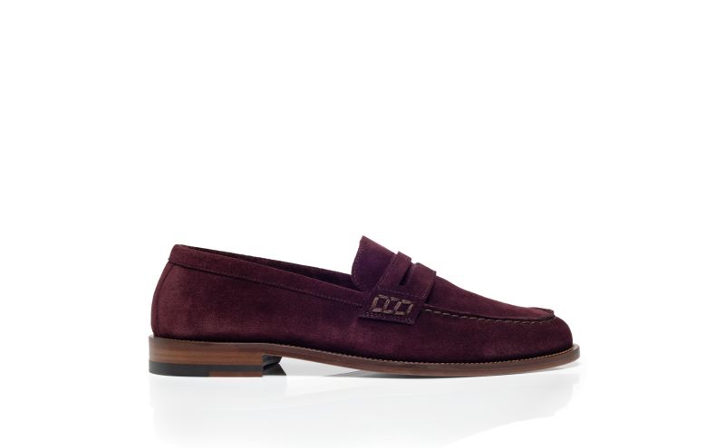 Side view of Perry, Burgundy Suede Penny Loafers - US$498.00