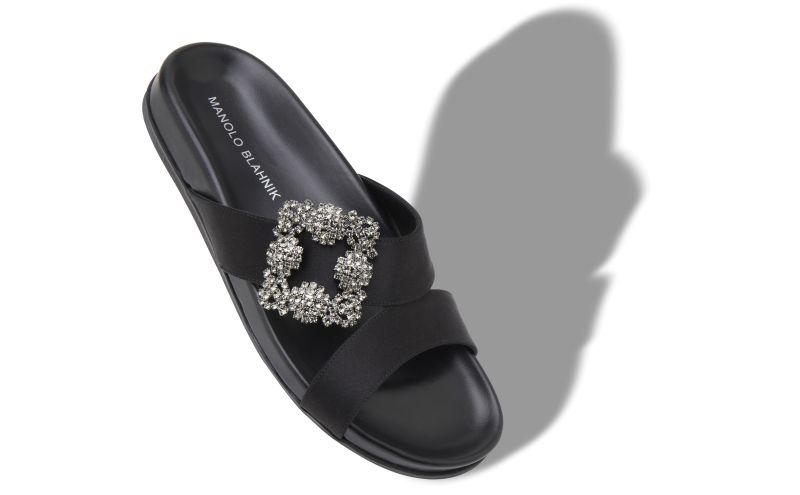 Chilanghi, Black Satin Jewel Buckle Flat Mules  - £845.00 