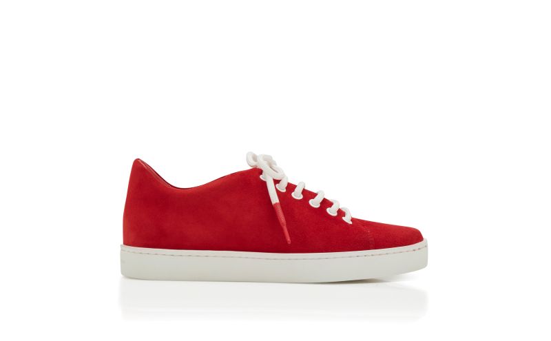 Side view of Designer Red Suede Low Cut Sneakers