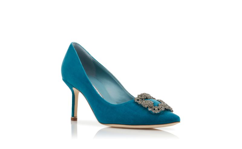Designer Blue Velvet Jewel Buckle Pumps