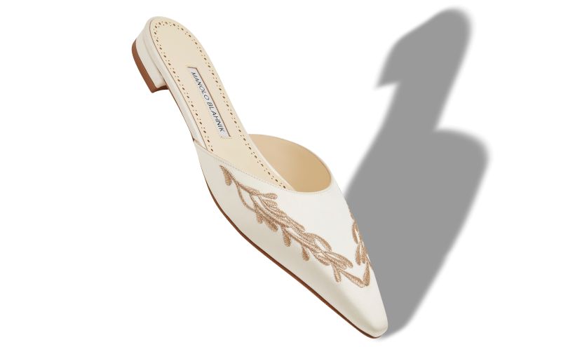 Fontaza, White and Gold Satin Flat Mules - US$1,045.00 