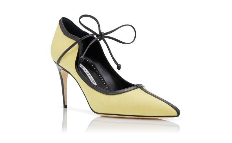 Janix, Yellow and Black Linen Scalloped Pumps  - £675.00