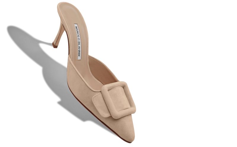 Maysale, Light Beige Suede Buckle Mules - US$795.00 