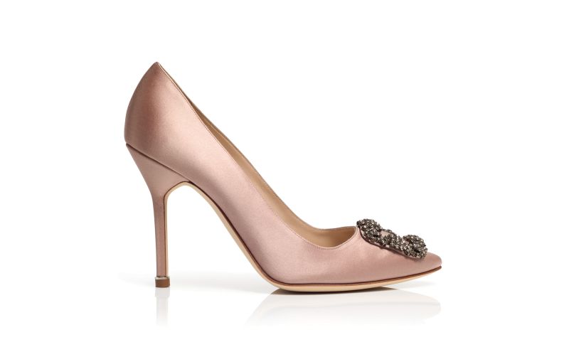 Side view of Hangisi, Beige Satin Jewel Buckle Pumps - US$1,125.00