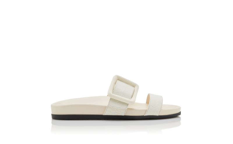 Side view of Mayfu, White Calf Leather Buckle Detail Flat Mules - US$507.00