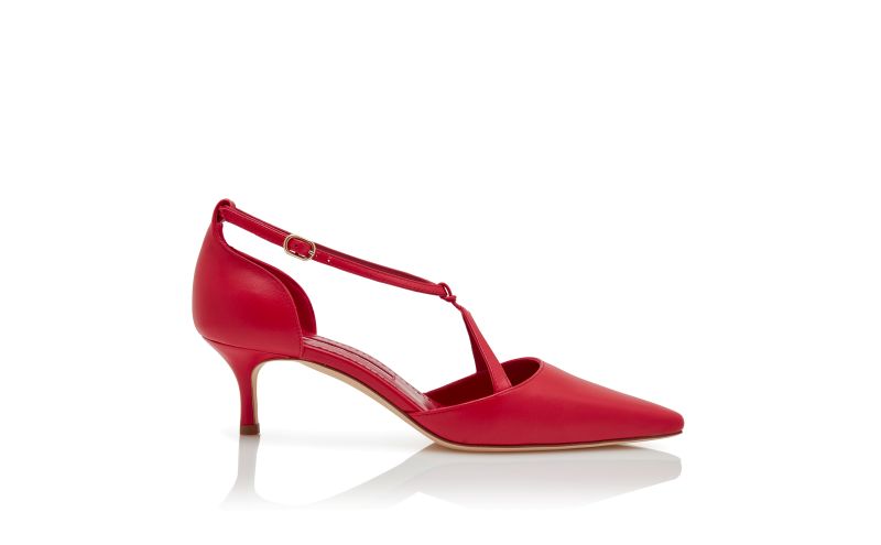 Side view of Nola, Red Nappa Leather T-Bar Pumps  - AU$1,695.00