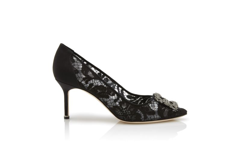 Side view of Hangisi lace 70, Black Lace Jewel Buckle Pumps - US$1,275.00