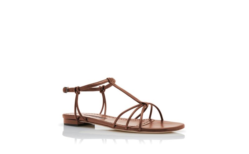 Tabarek, Brown Nappa Leather Ankle Strap Flat Sandals - US$417.00