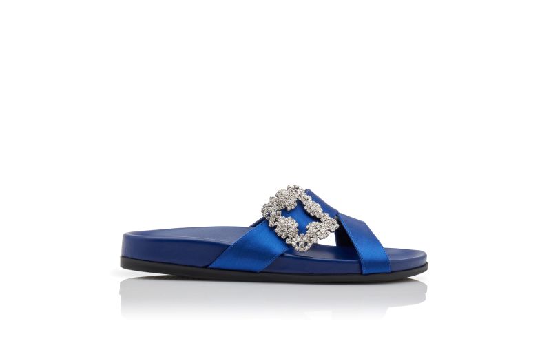 Side view of Chilanghi, Blue Satin Jewel Buckle Flat Mules - £845.00