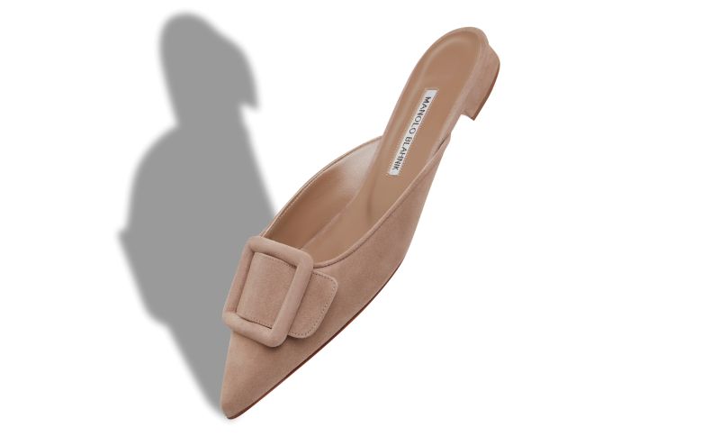 Maysaleflat, Beige Suede Buckle Detail Flat Mules - AU$1,245.00